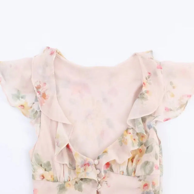 French Floral Ruffle Sleeve Deep V Maxi Dress