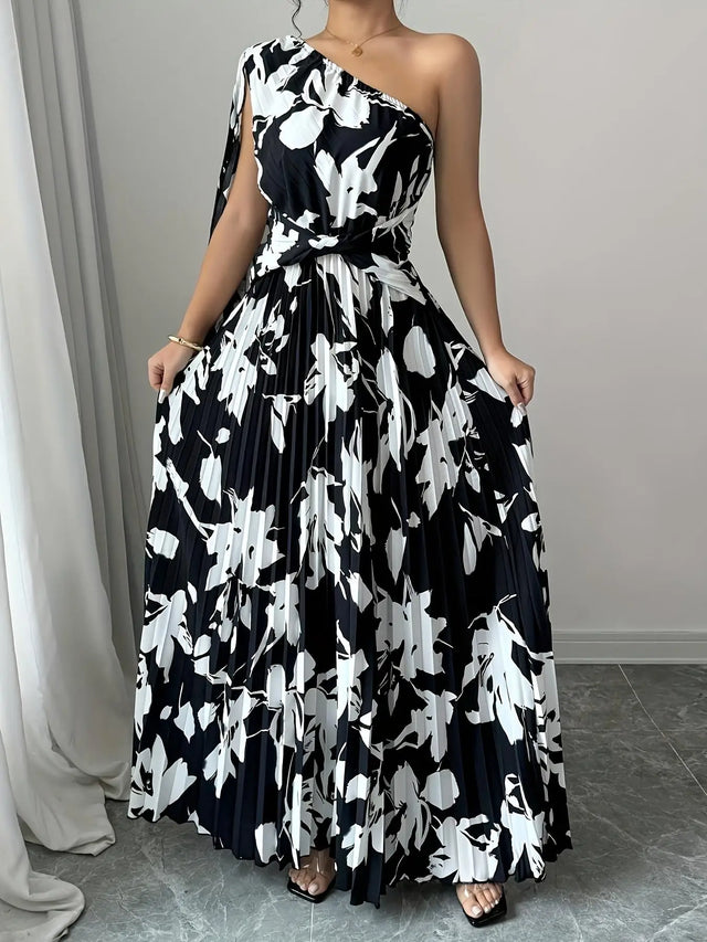 One-Shoulder Floral Puff Sleeve Maxi Dress