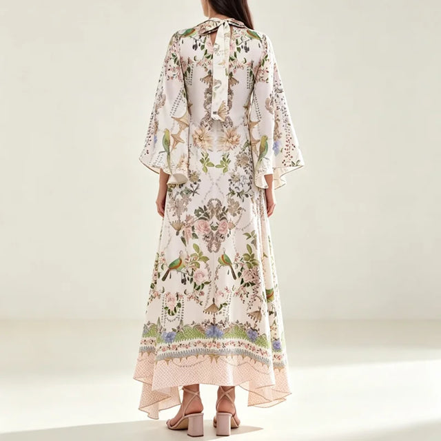 Vintage Floral Flared Sleeve Swing Maxi Dress