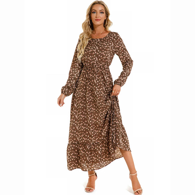 Boho Floral Puff Sleeve High Waist Midi Dress