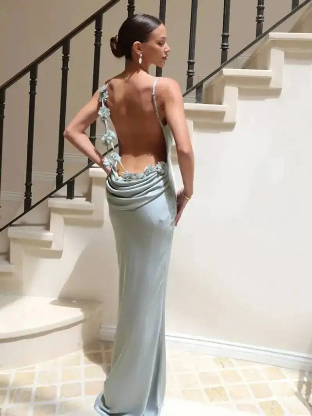 Draped Floral Lace-Up Back Slip Midi Dress