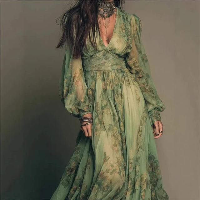 Green Floral Long Sleeve Boho Maxi Dress