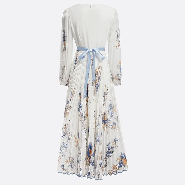 White Floral V-Neck Long Sleeve Maxi Dress