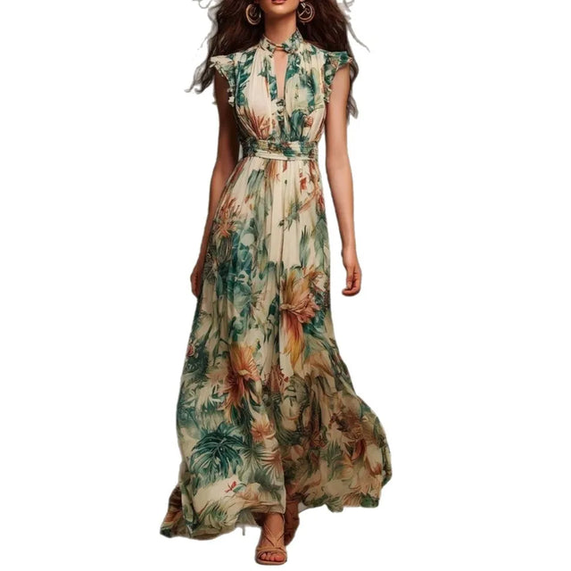 Ruffle Mock Neck Smocked Waist Floral Maxi Dress