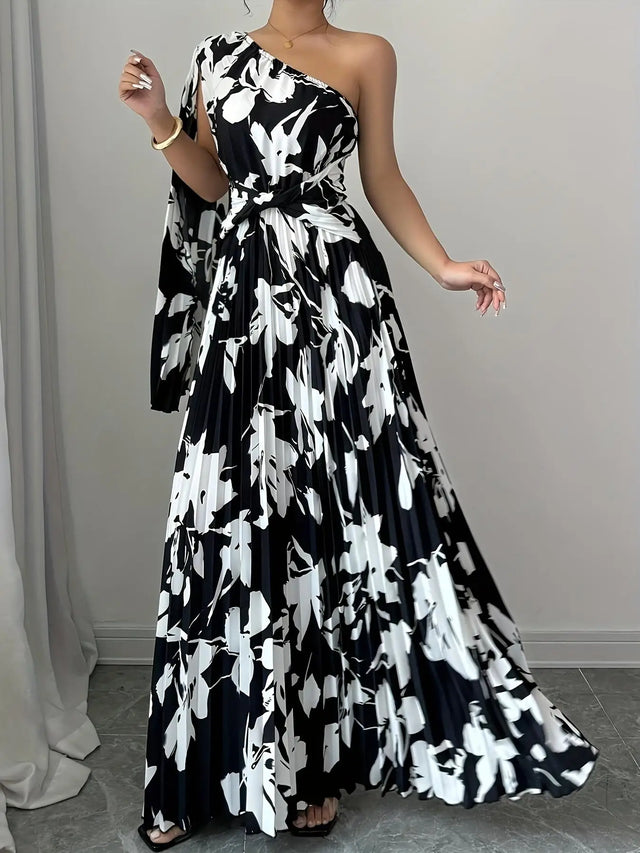 One-Shoulder Floral Puff Sleeve Maxi Dress