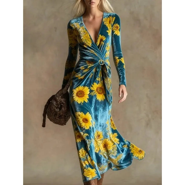 Sunflower Print Wrap Midi Dress with Tie Belt