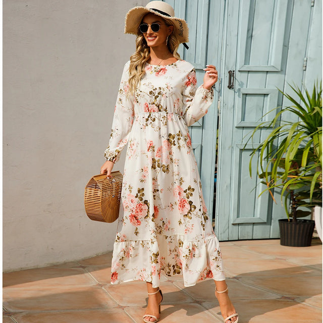 Boho Floral Puff Sleeve High Waist Midi Dress