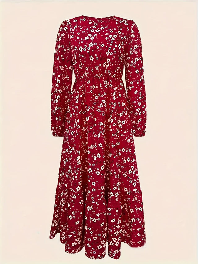 Floral Long Sleeve Cinched Waist Midi Dress