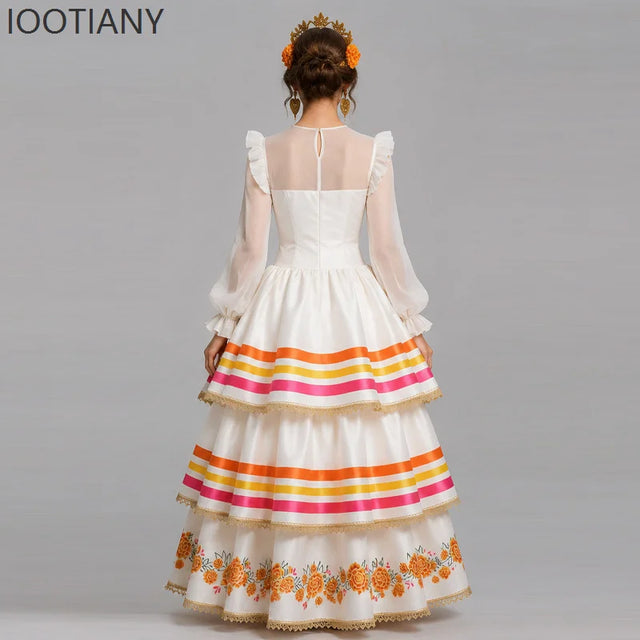 Mexican Folk Ruffle Puff Sleeve Maxi Dress