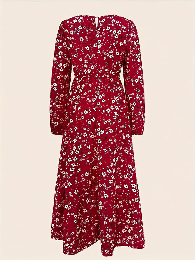 Floral Long Sleeve Cinched Waist Midi Dress