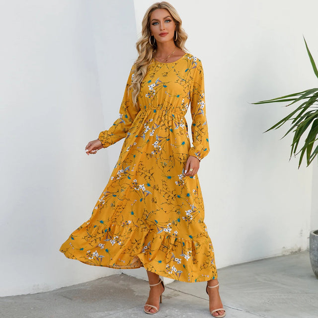 Boho Floral Puff Sleeve High Waist Midi Dress