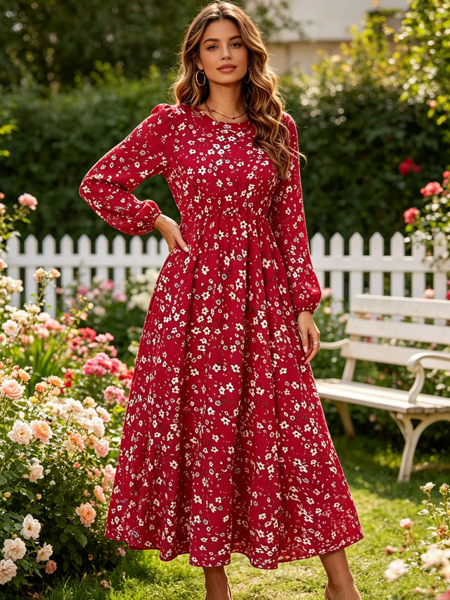 Floral Long Sleeve Cinched Waist Midi Dress