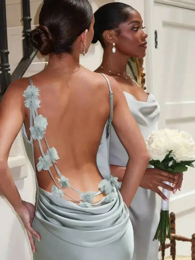 Draped Floral Lace-Up Back Slip Midi Dress