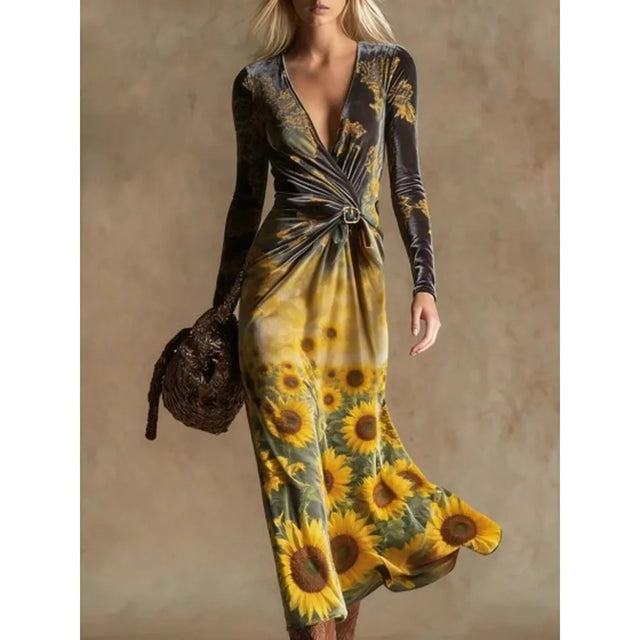 Sunflower Print Wrap Midi Dress with Tie Belt