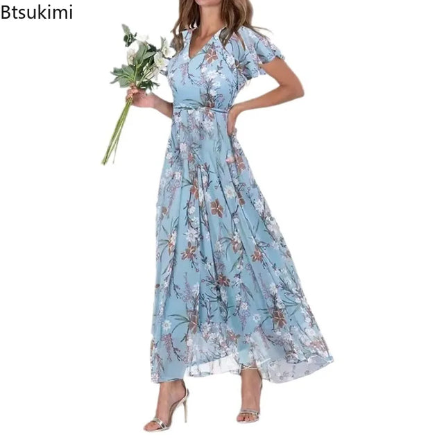 Retro Floral Empire Waist Chiffon Maxi Dress