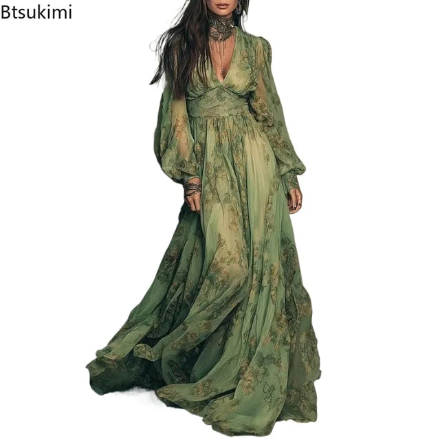 Floral Chiffon Deep V Lantern Sleeve Maxi Dress