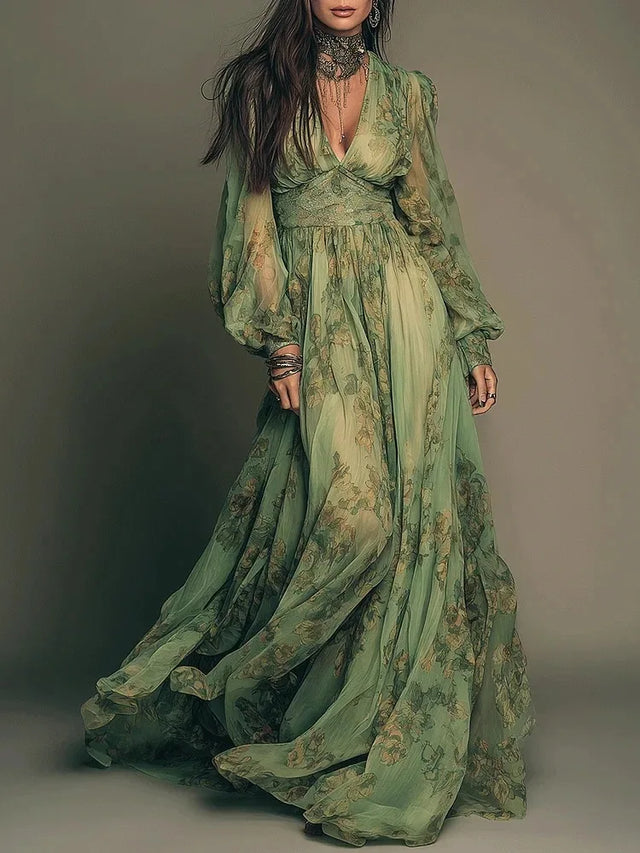 Green Floral Long Sleeve Boho Maxi Dress