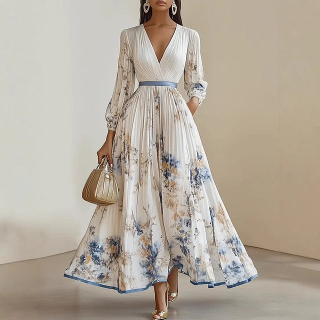 White Floral V-Neck Long Sleeve Maxi Dress