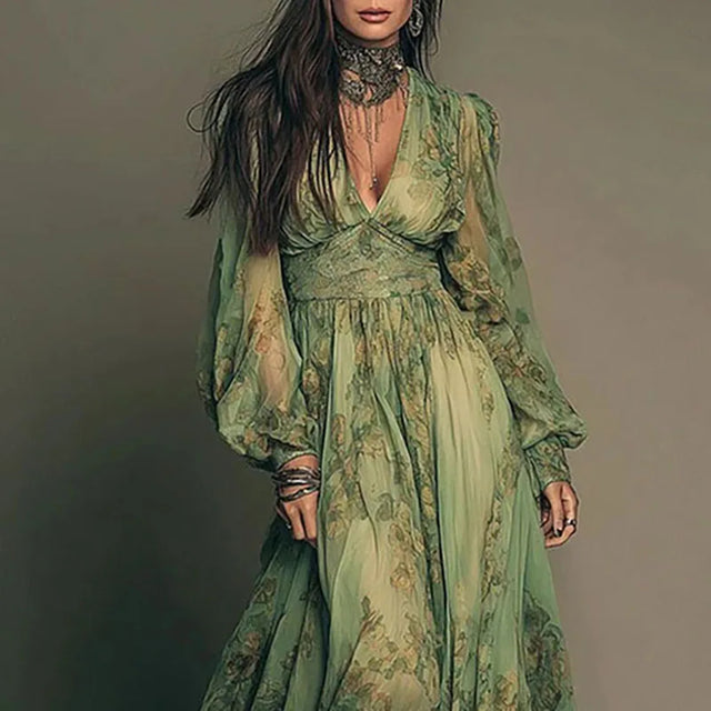 Green Floral Chiffon Lantern Sleeve Maxi Dress
