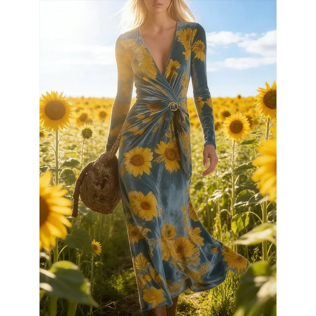Sunflower Print Wrap Midi Dress with Tie Belt