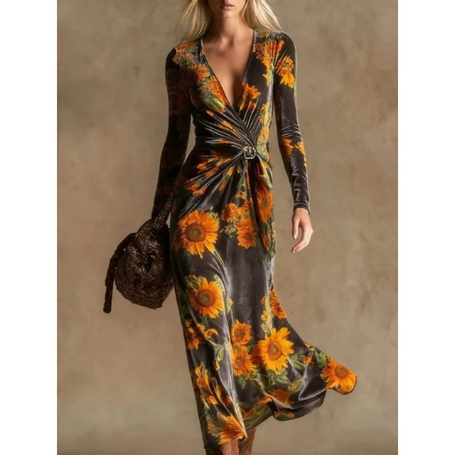 Sunflower Print Wrap Midi Dress with Tie Belt