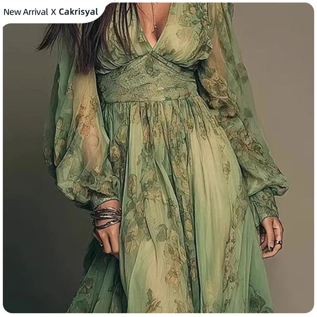 Floral Chiffon Puff Sleeve Deep V Maxi Dress