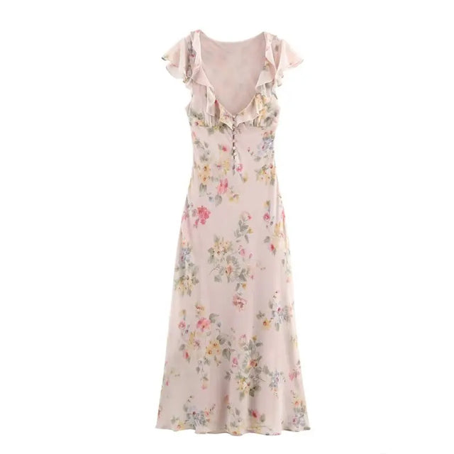 French Floral Ruffle Sleeve Deep V Maxi Dress