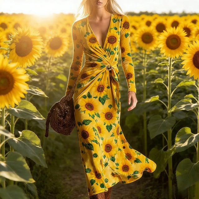 Sunflower Print Wrap Midi Dress with Tie Belt