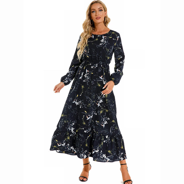 Boho Floral Puff Sleeve High Waist Midi Dress