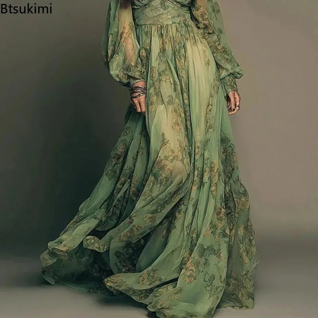 Floral Chiffon Deep V Lantern Sleeve Maxi Dress