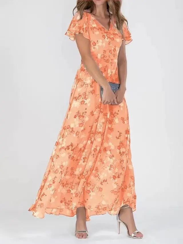 Retro Floral Empire Waist Chiffon Maxi Dress