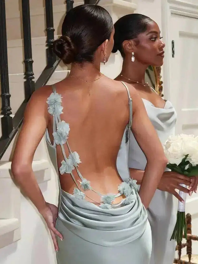 Draped Floral Lace-Up Back Slip Midi Dress