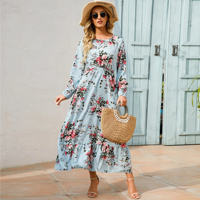 Boho Floral Puff Sleeve High Waist Midi Dress
