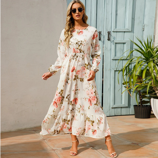 Boho Floral Puff Sleeve High Waist Midi Dress