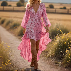 Boho Floral High-Low Puff Sleeve Maxi Dress