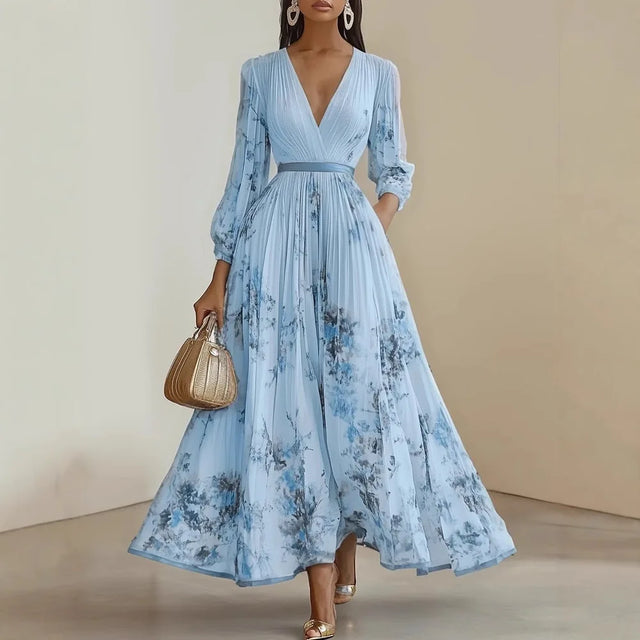 White Floral V-Neck Long Sleeve Maxi Dress