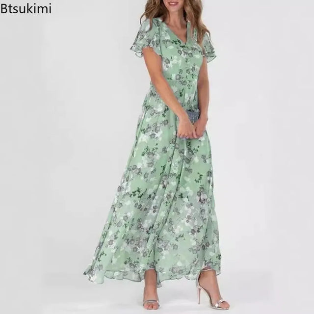 Retro Floral Empire Waist Chiffon Maxi Dress