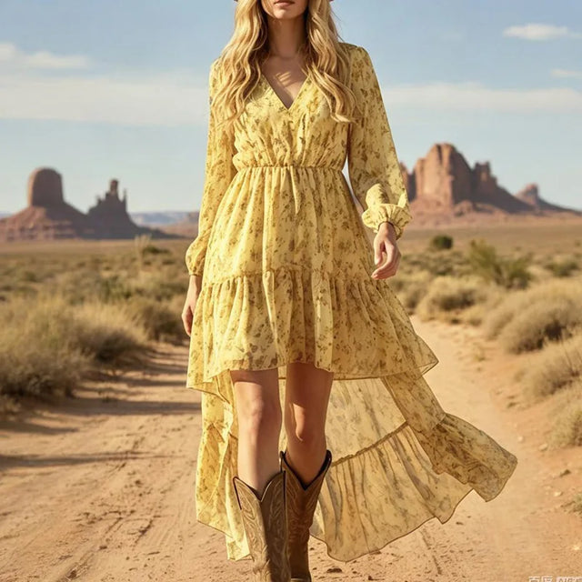 Boho Floral High-Low Puff Sleeve Maxi Dress