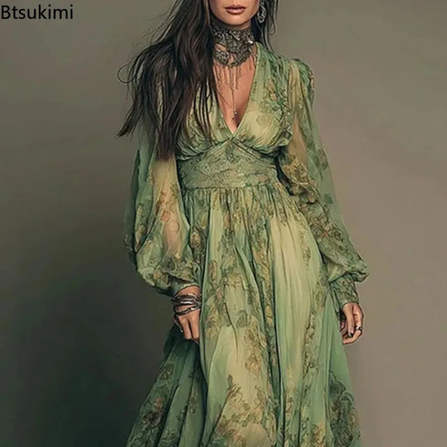Floral Chiffon Deep V Lantern Sleeve Maxi Dress