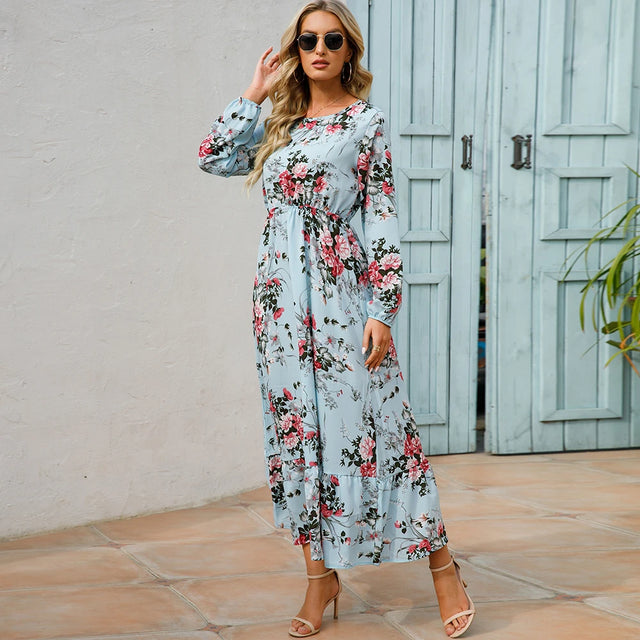 Boho Floral Puff Sleeve High Waist Midi Dress