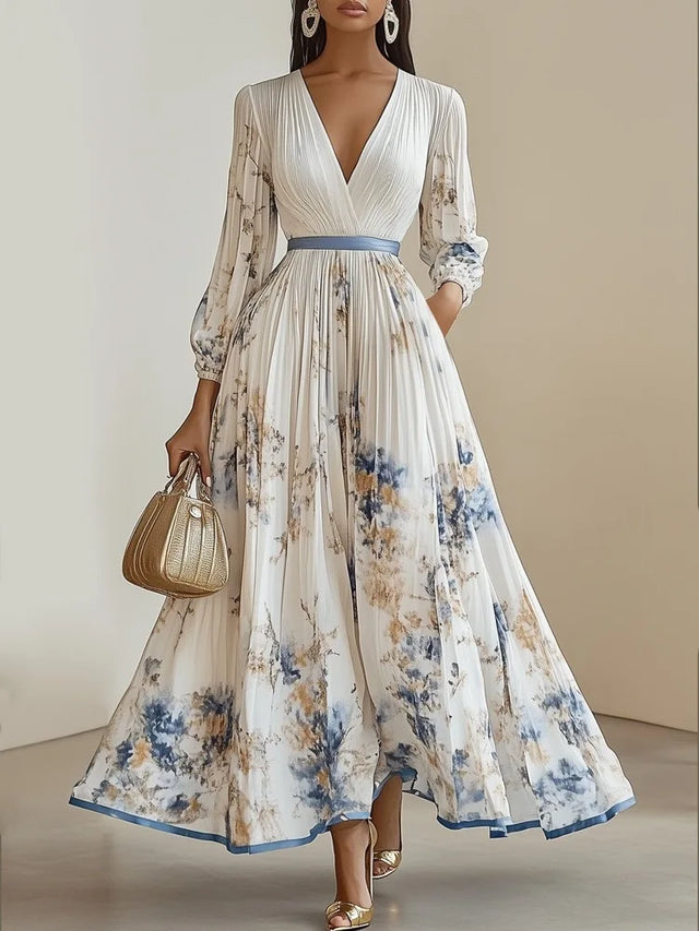White Floral V-Neck Long Sleeve Maxi Dress