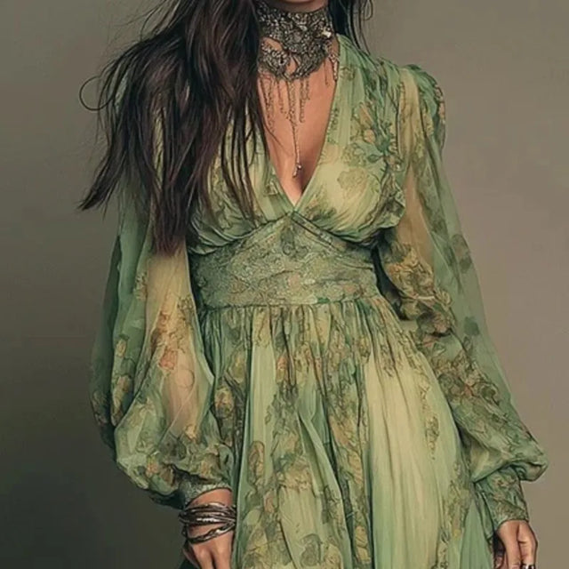 Green Floral Long Sleeve Boho Maxi Dress