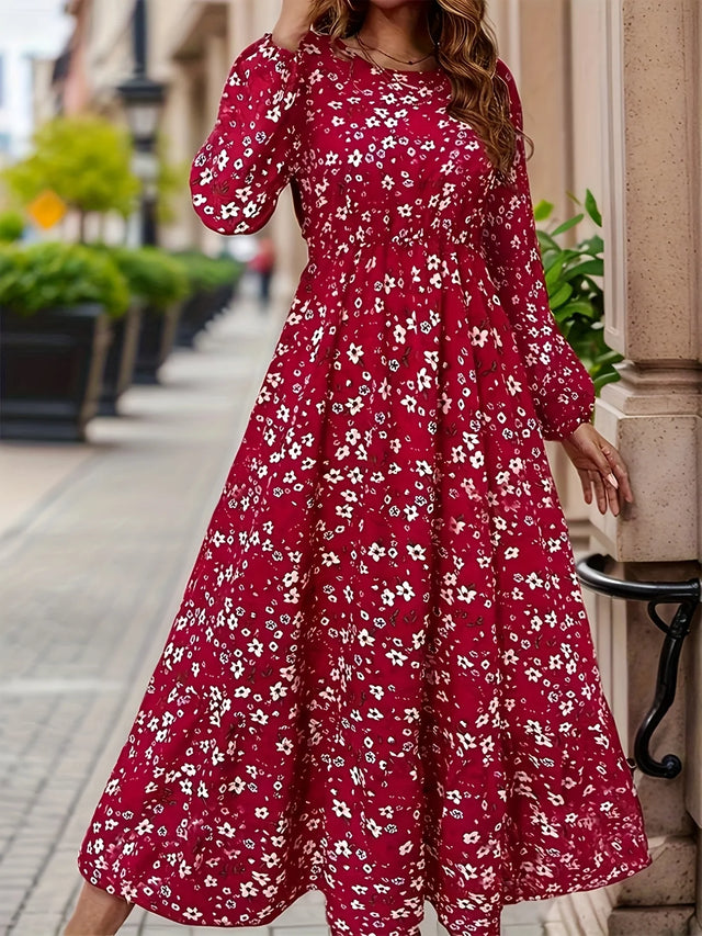 Floral Long Sleeve Cinched Waist Midi Dress