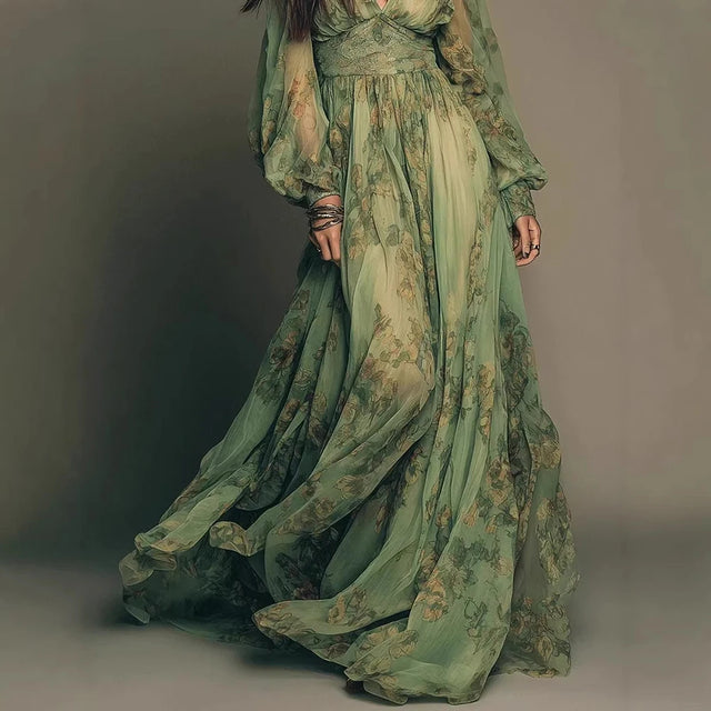 Floral Chiffon Puff Sleeve Deep V Maxi Dress
